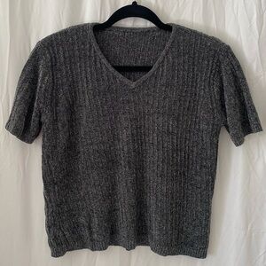 Vintage Women’s Speckled Charcoal Short-Sleeve Stretchy Sweater No Size-fits S/M
